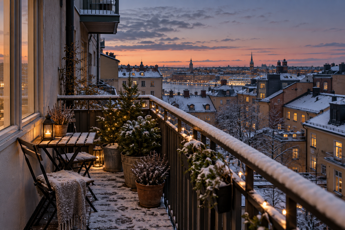 Small apartment balcony in early winter with a compact bistro set
