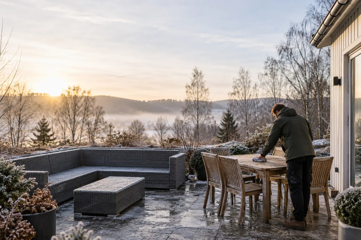 Garden furniture being prepared for winter storage on a frosty patio