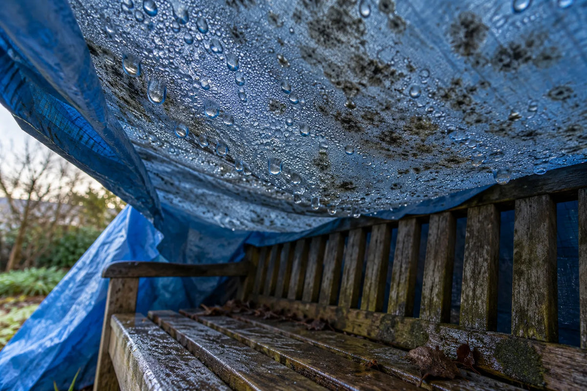 Kondensacja i plamy pleśni pod plandeką przykrywającą ławkę ogrodową