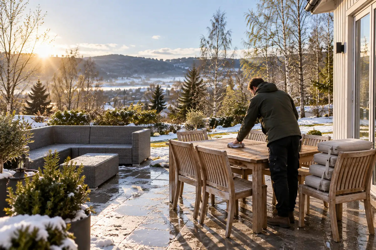 Wiping down a teak garden table on a sunny spring terrace