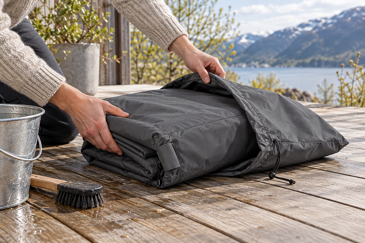 Folded Bag'in cover being packed into its Storage Bag