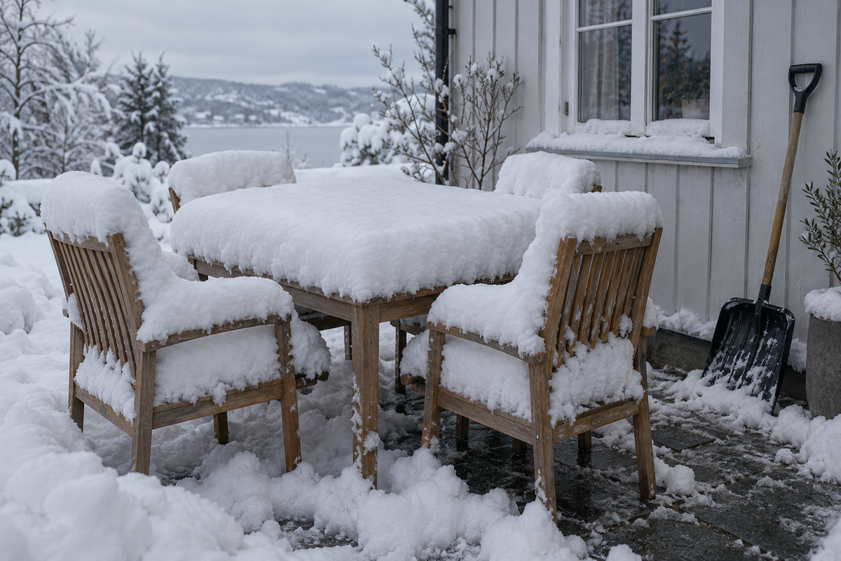 Teak garden table and chairs covered in heavy snow on a terrace