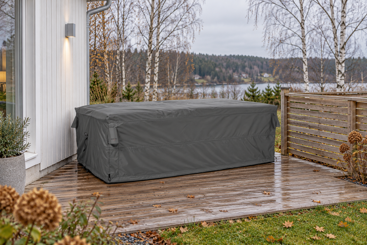 Bag'in Nordic placed on a wooden deck with space to the house wall