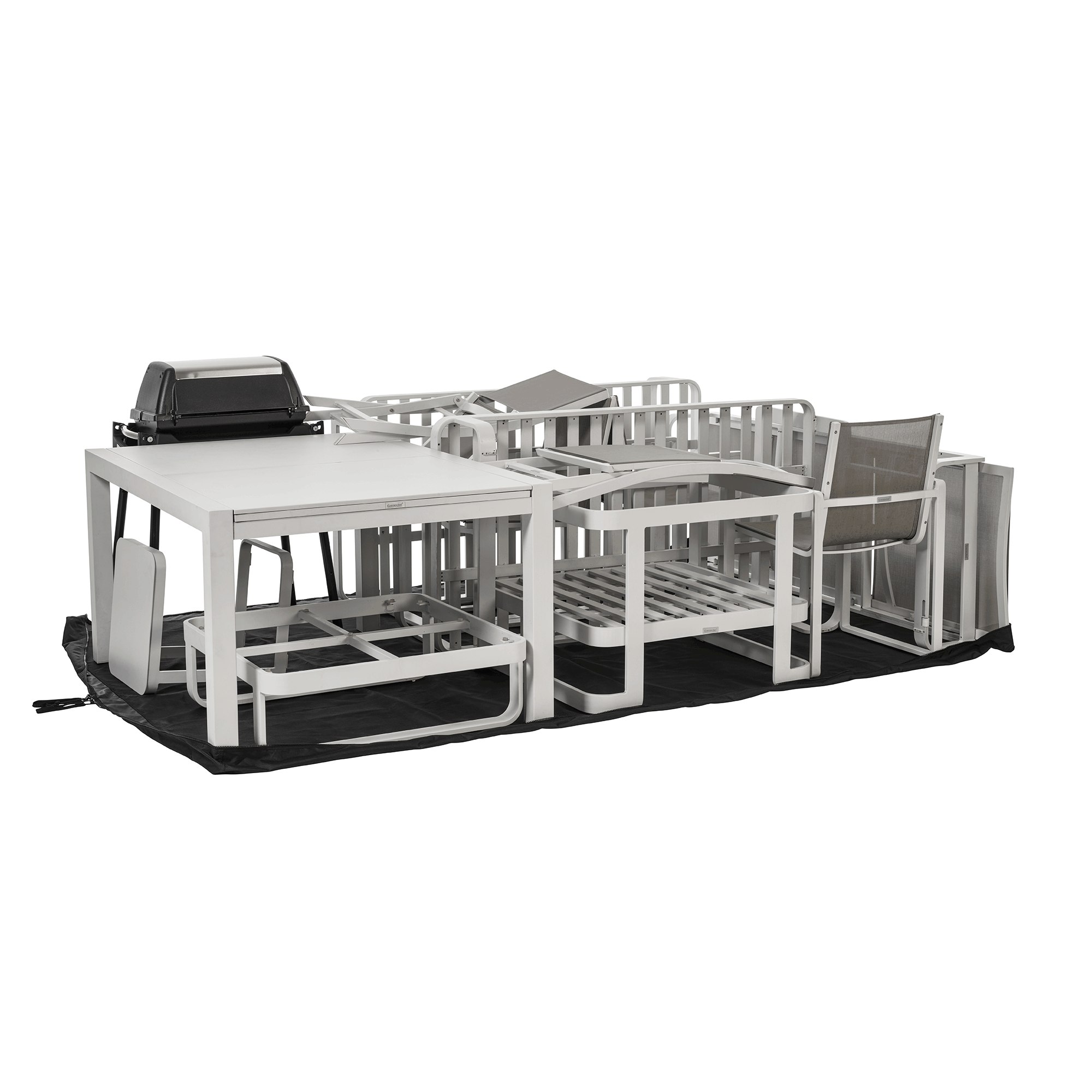 Outdoor furniture being enclosed with a BAG’IN cover to create a space-saving and weather-resistant storage solution.