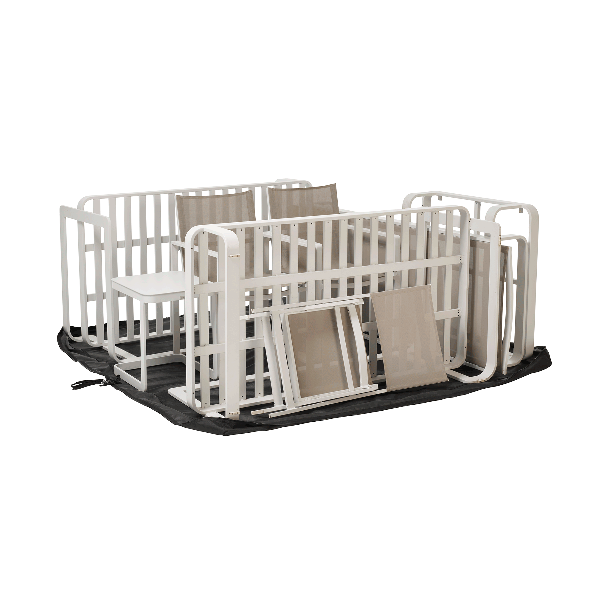 Outdoor furniture grouped together and covered with a BAG’IN system for compact protection.