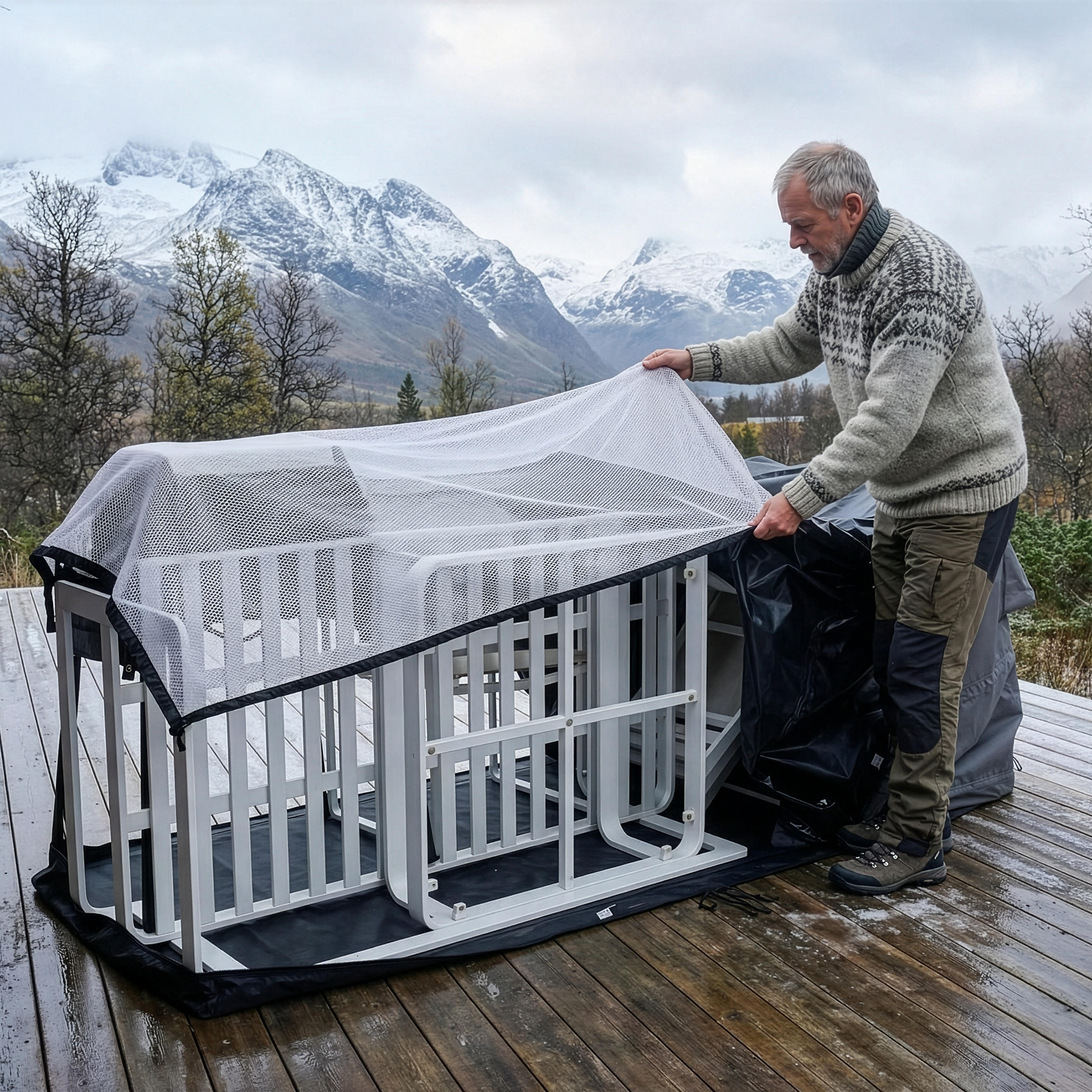 Man placing DryTop Protect breathable layer over outdoor furniture before installing a protective cover on a wooden deck in a mountain setting.