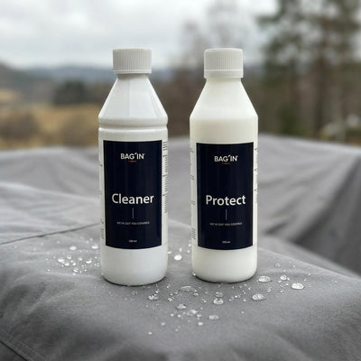 Bag’in Maintenance Kit with Cleaner and Protect bottles placed on outdoor furniture cover, showing water-repellent effect after treatment.