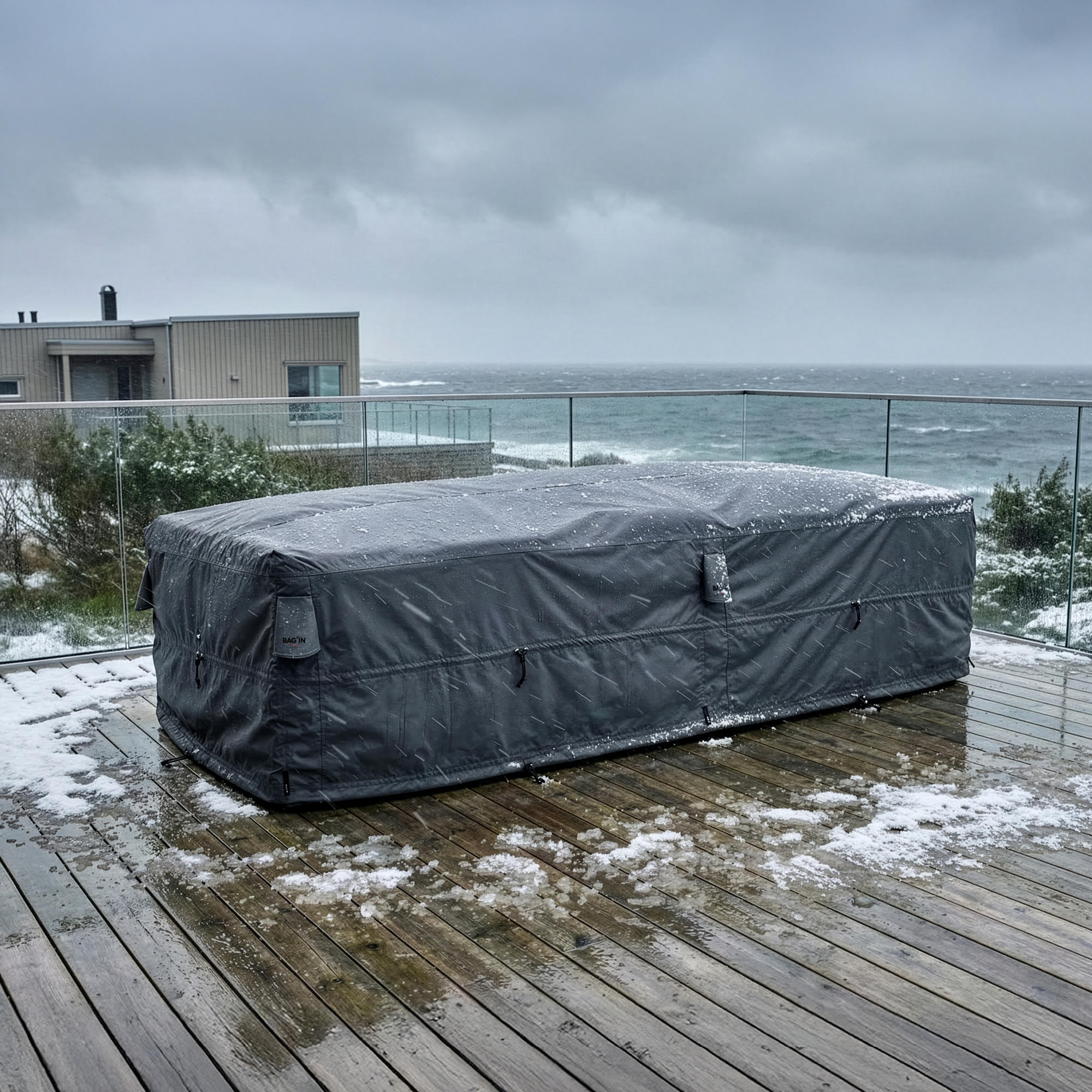 Nordic outdoor furniture cover protecting a large seating set on a wooden deck in snow, wind, and coastal storm conditions.